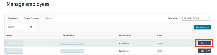 Manage employees page with the Edit button for a user account