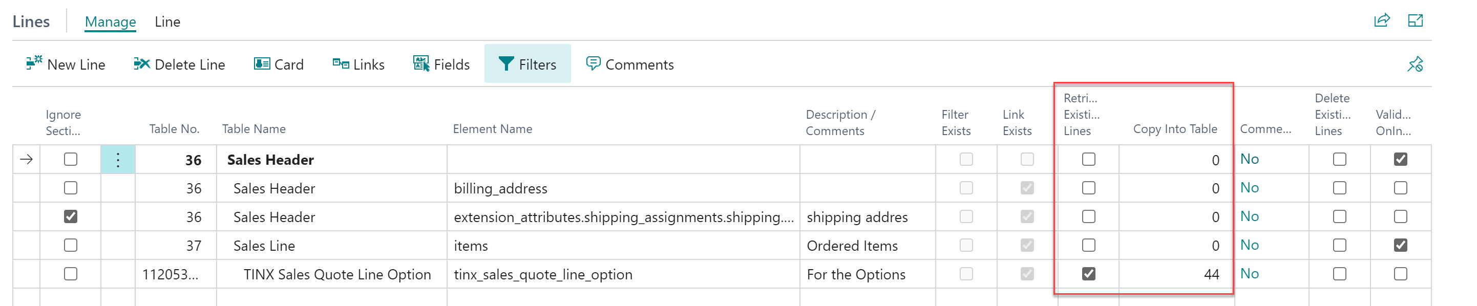 Retrieve existing lines setup