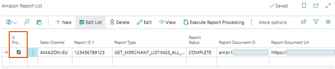 Amazon Report List page with a completed report marked as Is Processed