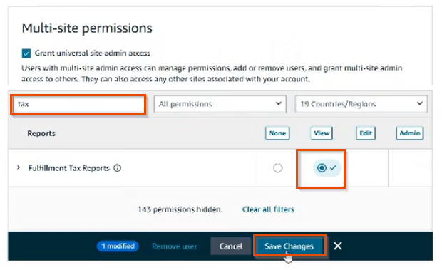 Multi-site permissions section with View selected for the Fulfillment Tax Reports permission