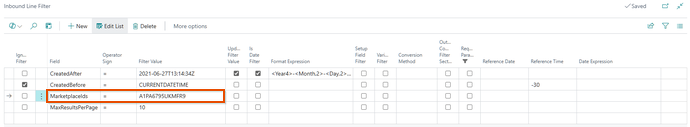 Inbound Line Filter page for AMZ-SP-086 with the MarketplaceIds filter set to Amazon.de