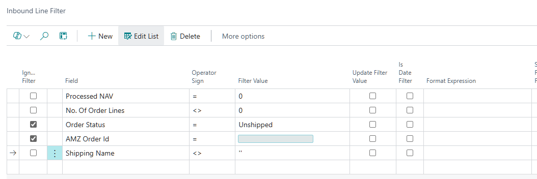 Inbound Line Filter page for AMZ-SP-087 with a filter that blocks orders with an empty Shipping Name field