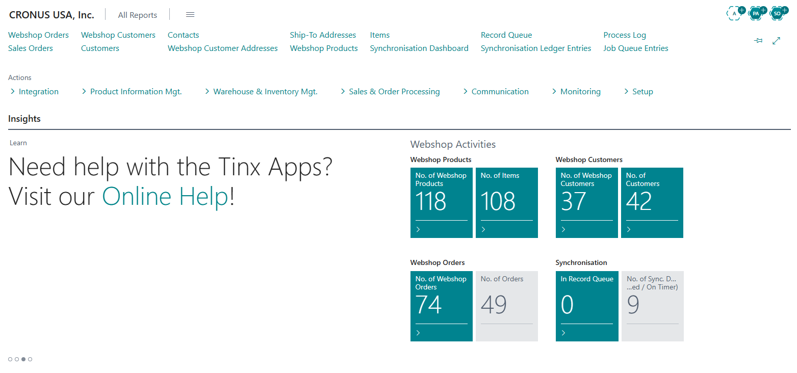 TINX E-Com Admin Role Center with links to webshop pages, action groups, and webshop activity tiles